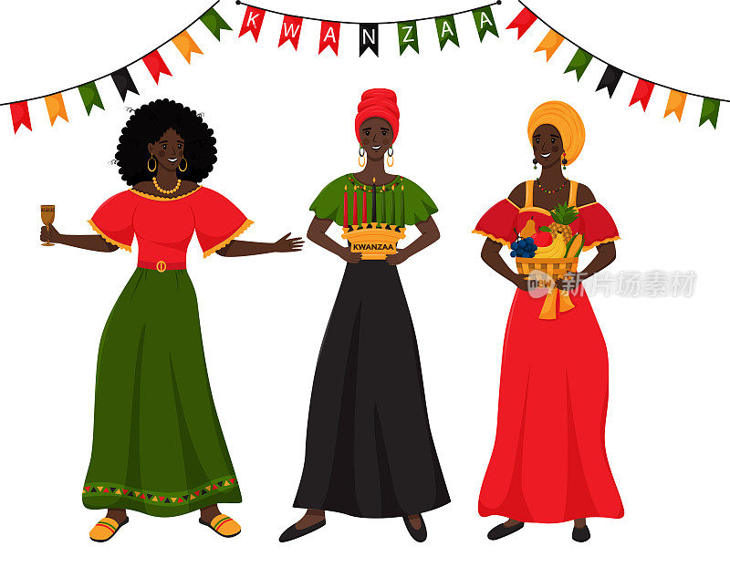 三个年轻的非洲妇女手里拿着传统的宽扎节象征——团结杯——Kikombe Cha Umoja，篮子里装着水果——Mazao，烛台——Kinara。白色矢量插图